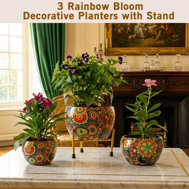 3 rainbow bloom decorative planters with stand